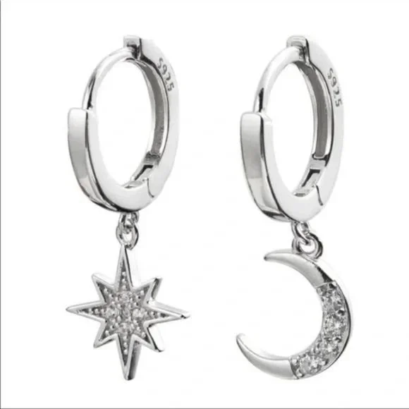 MOON STAR 925 STERLING SILVER DIAMOND HOOPS, NICE EARRINGS, CUTE EARRINGS - Picture 3 of 3
